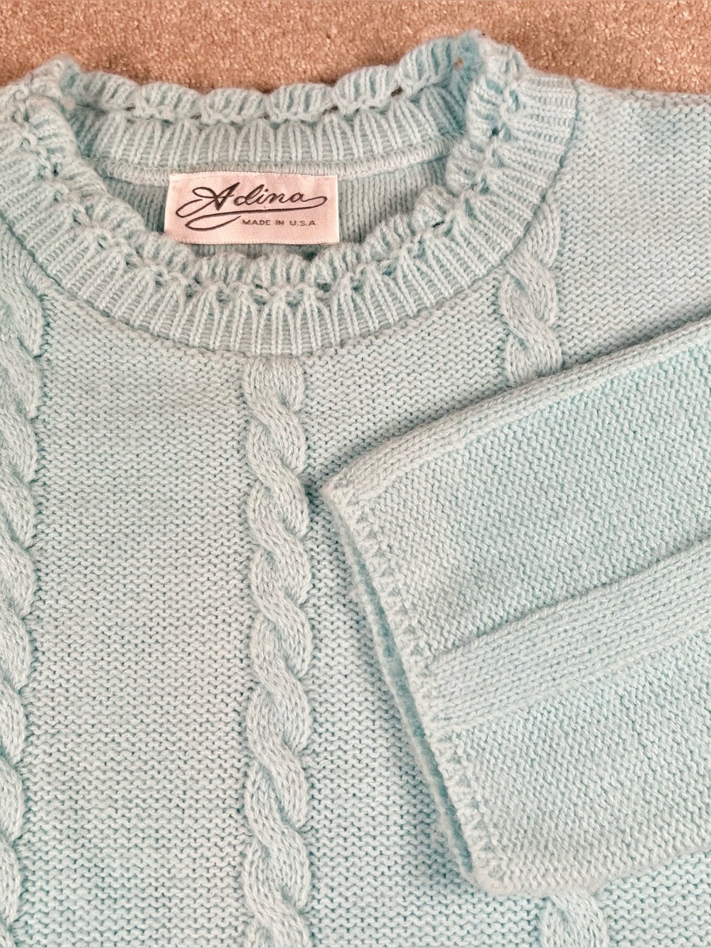 Vintage Sweater Lace Knit Crew Cable Knit Light Turquoise Long Sleeve Women's